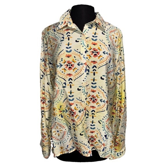 NWTBoho Tile Floral Print Button‎ Up Blouse Size Med Yellow Cream Long Sleeve